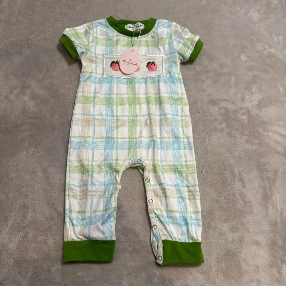 NWT Marie Nicole Romper smocked Easter peach embroidered Spring Outfit 6-12 mths
